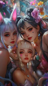 Radiant trio of magical friends sharing a colorful moment.