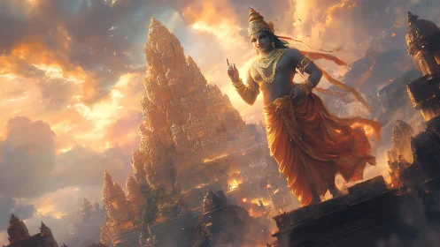 Colossal celestial deity above luminous Dravidian temple complex.