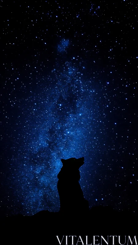 Silhouette of lone canine under dense blue star field.