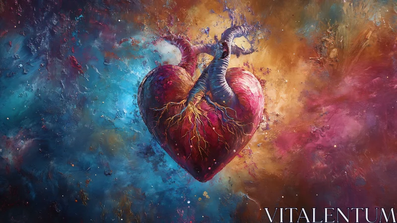 Anatomical Heart Suspended in Cosmic Nebula.