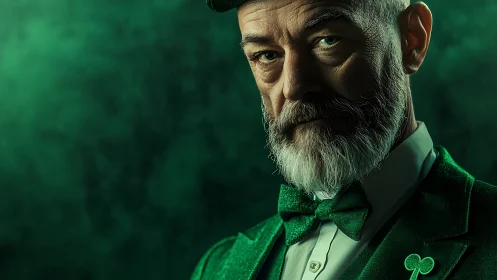 Bearded gentleman in emerald suit under dramatic studio lighting