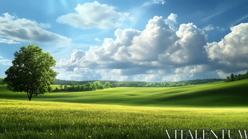 Sunlit green meadow with lone tree under dense cumulus clouds