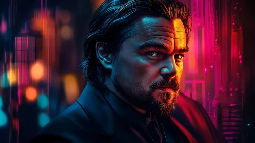 Neon-lit digital portrait of intense man in dark suit.