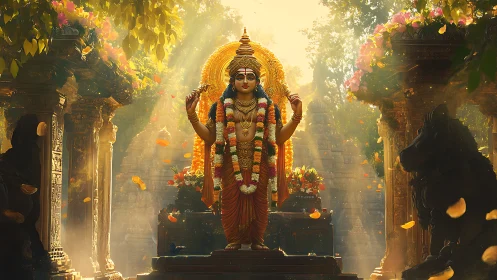 Golden deity statue glows within ornate temple courtyard.