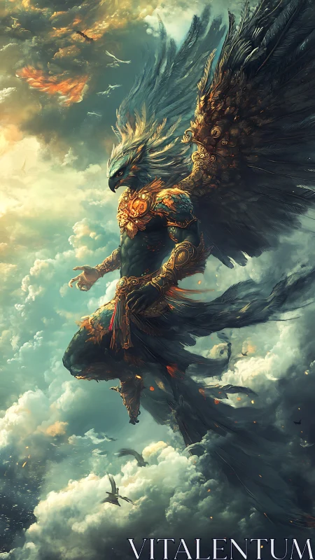 Winged humanoid avian figure in ornate armor above clouds.