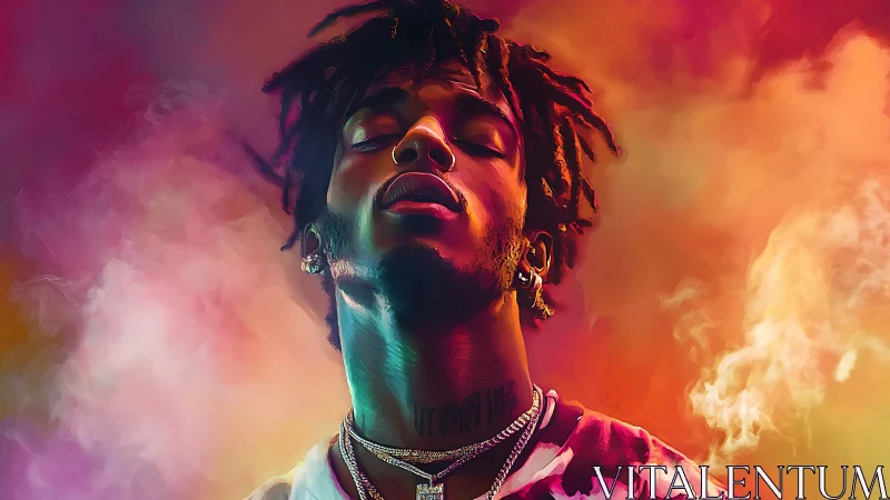 Portrait of young man in neon smoke with closed eyes