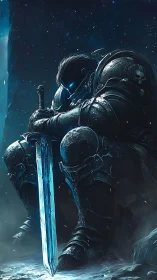 Armored warrior rests with glowing blue sword in darkness