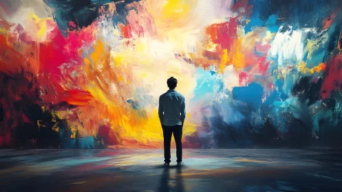 Man Gazing at Vibrant Abstract Wall Art in Modern Style.