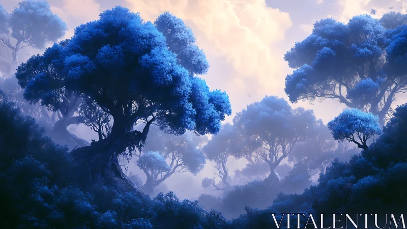 Ethereal Blue Forest: Misty Woodland Landscape