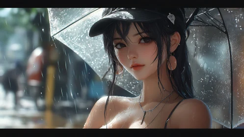 Rainy day glow with a thoughtful girl under clear umbrella.