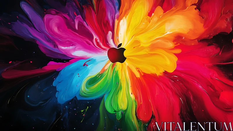 Radial explosion of multicolor paint around black symbol.