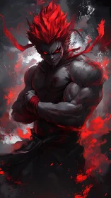 Muscular red-haired figure in dark swirling energy field.