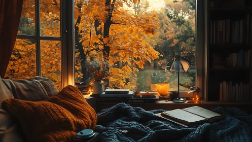 Cozy autumn window nook wrapped in blankets and golden leaves.