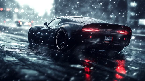 Cinematic sports car rear view in dynamic winter rainstorm.