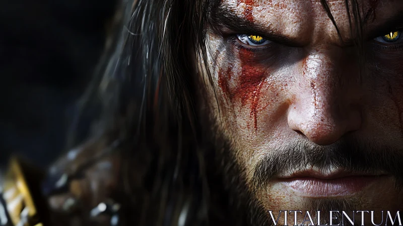 Battle-scarred warrior close-up with intense golden eyes.