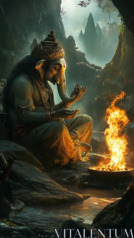 Forest-lit Ganesha in meditative dialogue with rising flame.