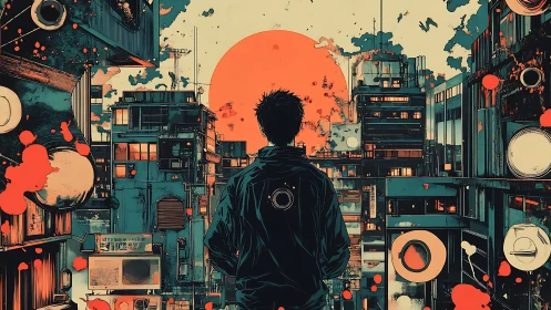 Solitary urban figure before stylized sun and dense skyline.