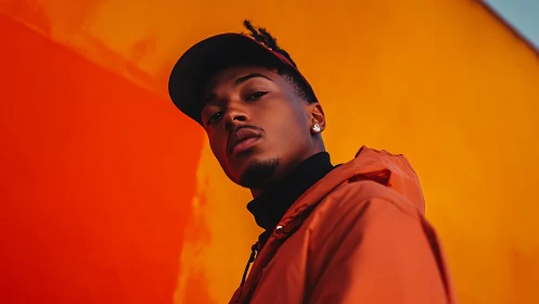 Confident street portrait set against bold orange wall glow