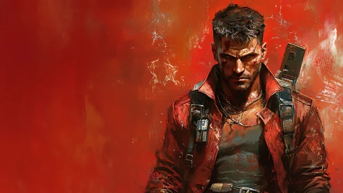 Battle-hardened soldier stands defiant in blazing red heat