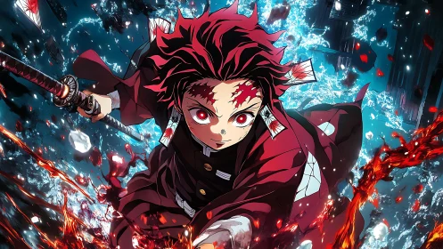 Fiery young swordsman rushes forward through water and sparks