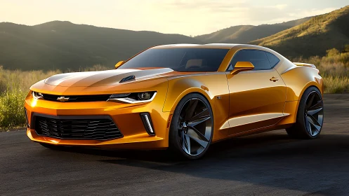 Bright orange sports coupe parked on asphalt at sunset