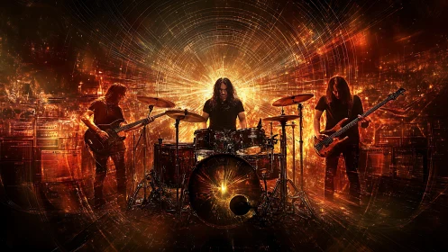 Rock trio ignites a cosmic stage of swirling golden energy.