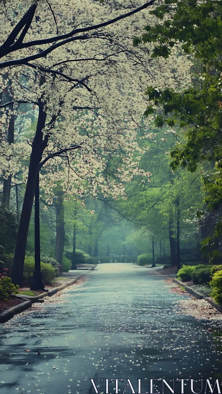 Tree-lined park pathway with wet surface and blossoms.