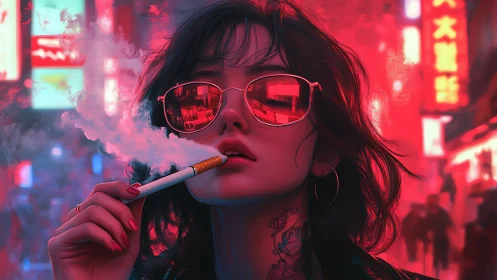 Woman smokes in neon city street with vivid red lighting