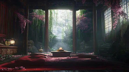 Zen forest retreat blends tatami interior with wild garden.