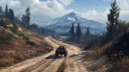 Off-road truck follows winding mountain trail at sunrise.