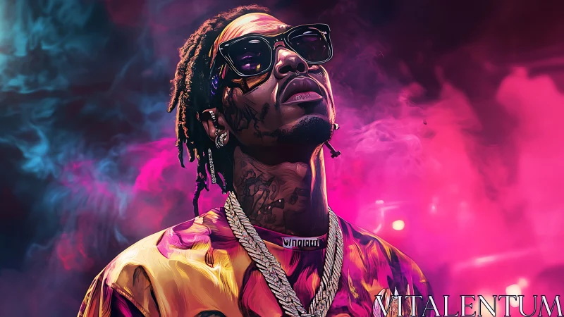 Neon-lit hip hop portrait with vaporous bokeh and stylized shading