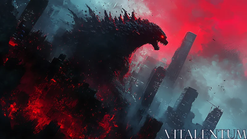 Colossal kaiju roars above a burning neon city skyline.