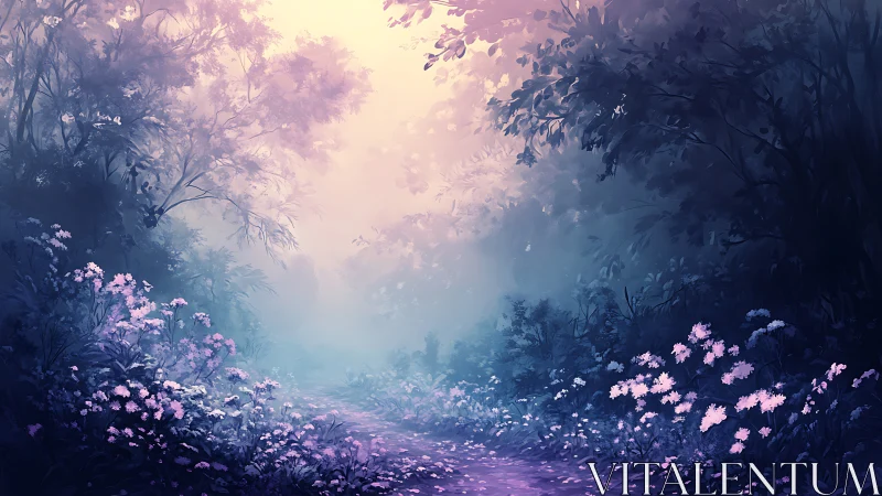 Mystical Forest Path with Blooming Pink Flowers.