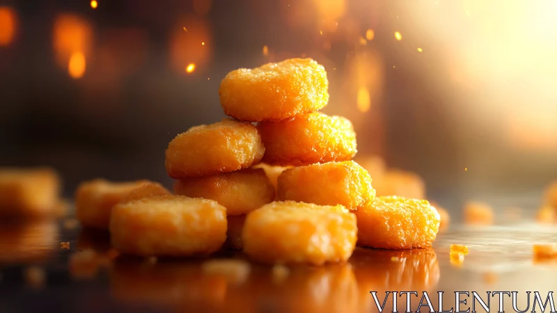 Stacked golden nuggets sit on reflective surface in warm light