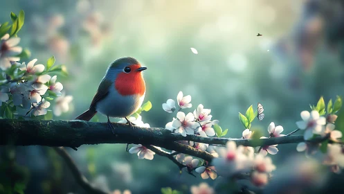 Small songbird stands on flowering branch in diffuse light