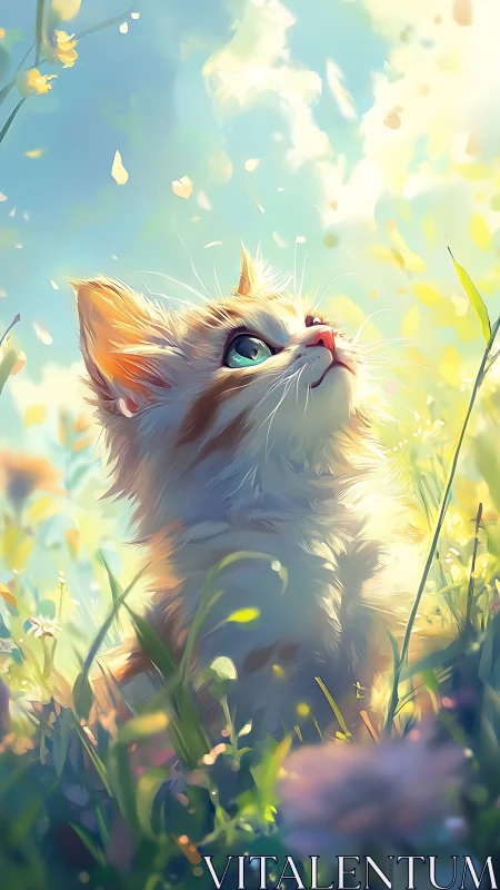 Soft-focused feline subject in backlighting with petals and atmospheric particles