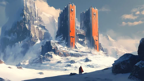 Solitary traveler approaches colossal orange mountain gate