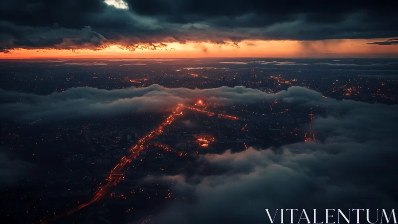 City lights carve a glowing path beneath stormy dawn clouds.