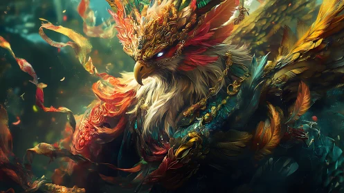 Majestic armored phoenix in fantasy art with vibrant feathers.