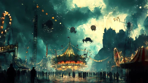 Nocturnal carnival skyline under storm-lit cinematic atmosphere