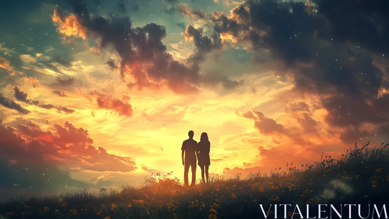 Two silhouetted figures standing in field under dramatic sunset sky