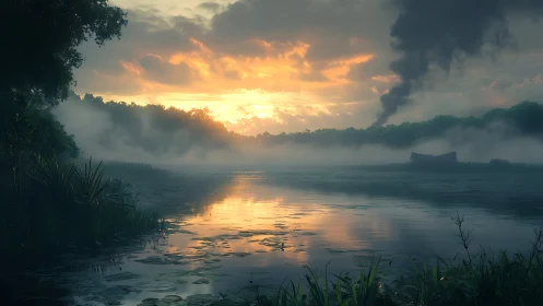 Digital painting sunset marshland with atmospheric depth study.