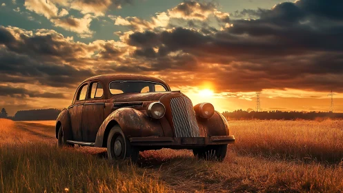 Sunset road nostalgia with a weathered vintage car.