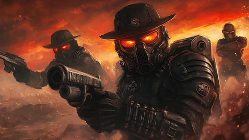 Armored wasteland rangers with glowing visors advance under fire.