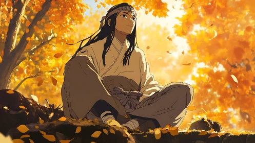 Seated figure observes autumn foliage in stylized forest setting