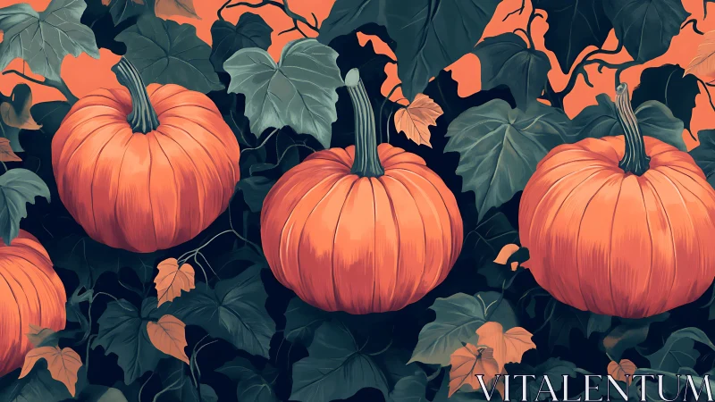 Plump pumpkin chorus glowing against inky curling vines.