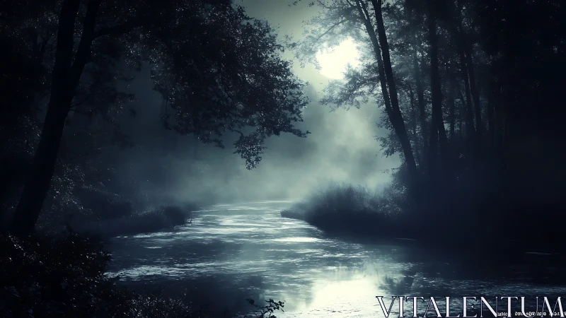 Moonlit forest river under misty night atmosphere.