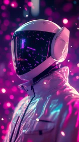 Neon-illuminated astronaut helmet with reflective visor in bokeh field