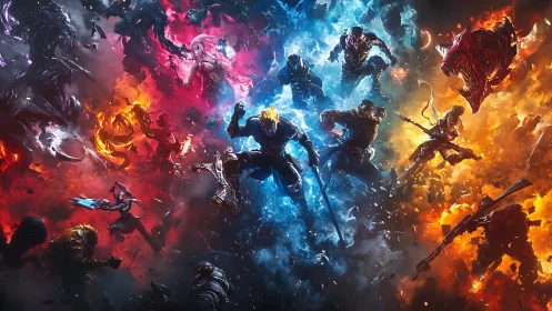 Triptych elemental warriors clash in explosive nebula battleground