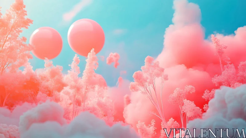 Dreamy coral cloudscape drifts beneath twin pastel spheres